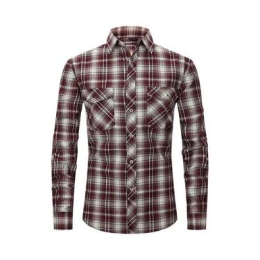 Imagem de Camisa Masculina De Manga Longa Em Algodão Escovado Xadrez Vermelho Eu