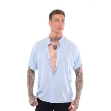 Imagem de Camisa Social Gola Padre Masculina Manga Curta Lisa - Mitchelgutto, Az