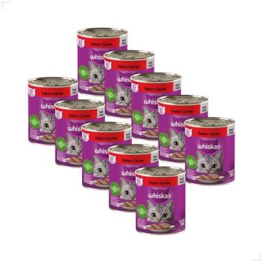 Imagem de Kit 10 Ração Úmida para Gatos Adultos WHISKAS Lata Patê 290g Sabor:Car