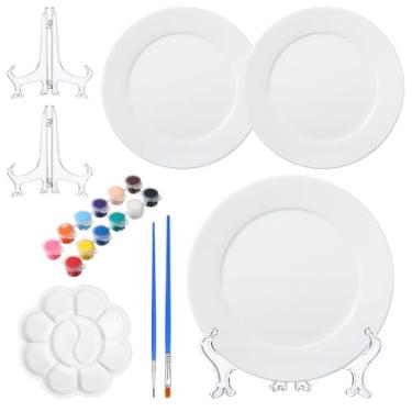 Imagem de Affrolling Kit de pintura de cerâmica para pintar suas próprias placas de porcelana, 2 pincéis, 12 tintas, 2 suportes de tinta e 1 paleta de cores, kit de cerâmica para adultos (redondo)