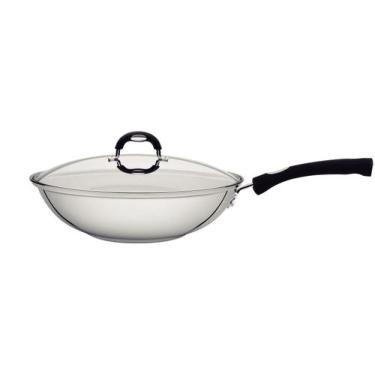 Imagem de Wok Silicone em Aço Inox com Fundo Triplo e Tampa de Vidro 28 cm 3,3 L