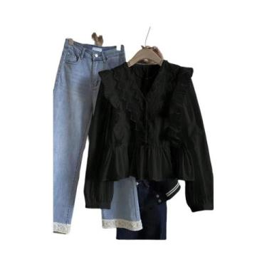 Imagem de Blusa Feminina Casual De Outono Em Cor Sólida Com Renda E Babados, Man