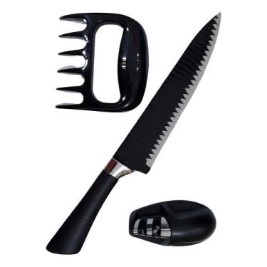 Imagem de Kit 3 Peças Para Churrasco Faca Garra Amolador Preto - SHOPMIX