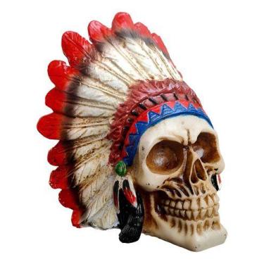 Imagem de Crânio Caveira Decoração Índio Guerreiro Resina Grande 15cm! - Estilo 