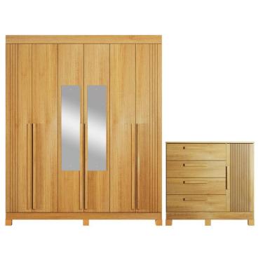 Imagem de Guarda Roupa Casal Pica Pau 6 Portas de Bater com Espelho 4 Gavetas MDF Cinamomo com Cômoda Andorinha 1 Porta