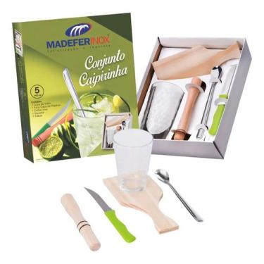 Imagem de Kit Conjunto Caipirinha 5 Pçs Multiuso Copo Tábua Madeira Faca Socador