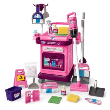 Imagem de Kit Faxina Divertida Carrinho Rosa Com Aspirador Funcional Vassoura Ro