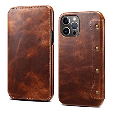 Imagem de GSYH Capa carteira para iPhone 13/13 Pro/13 Pro Max 5G, capa protetora magnética de couro legítimo com slot para cartão Kickstand à prova de choque, marrom, 13pro max 17 cm