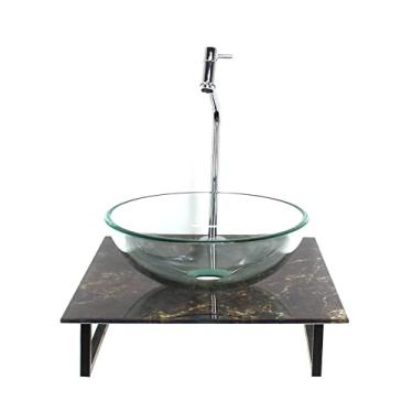 Imagem de KIT CUBA DE VIDRO REDONDA 10MM INCOLOR COM TAMPO DE VIDRO 40CM X 40CM MÁRMORE IMPERDADOR E SUPORTE TORNEIRA VALVULA