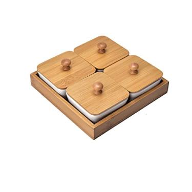 Imagem de Bandeja de armazenamento retangular de cerâmica de bambu com tampa Bandeja de sobremesa de frutas secas Bandeja de doces removível com vários compartimentos, C
