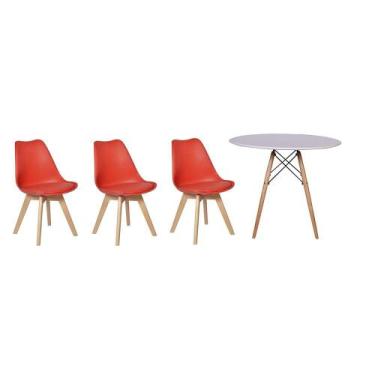 Imagem de Kit Mesa Jantar Eiffel 120cm Branca + 03 Cadeiras Leda - Vermelha - Ma
