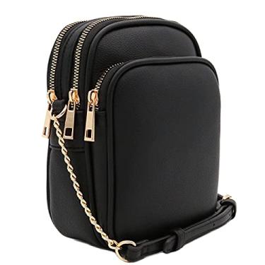 Imagem de FashionPuzzle Bolsa tiracolo média casual de couro PU com vários bolsos com alça ajustável, Preto, One Size