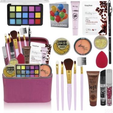 Imagem de Maleta De Maquiagem Com Kit De Maquiagem Grandes Marcas - Glow Pink