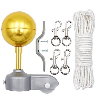 Imagem de NOMAL Kits de peças de reparo de mastro de bandeira, incluindo 1 peça de bola dourada de 7,6 cm + corda intermediária de 1,5 m + 1 gancho de gancho + 4 ganchos giratórios de bandeira + polia de mastro para tubo OD de 5 cm