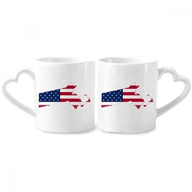 Imagem de Massachusetts EUA Mapa Estrelas Listras Bandeira Casal Caneca Porcelana Conjunto de Cerâmica Copo Amante Punho Coração