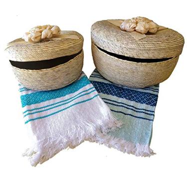 Imagem de Tortillero & Pancake cesta tecida à mão e tecido de toalha feito à mão, pacote com 2 unidades de mantenedor aquecedor 100% arte mexicana de palmeira., Fino, Natural, Medium and Large.