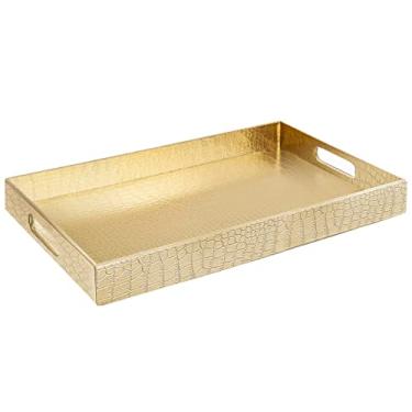 Imagem de Home Redefined Bandeja de servir de couro sintético de crocodilo brilhante dourada de 44,5 x 30,5 cm, bonita, moderna, elegante, com alças, bandeja de mesa de centro otomana para todas as ocasiões