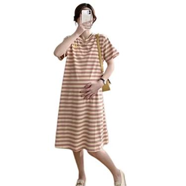 Imagem de Vestido camiseta manga curta comprimento médio ajuste solto estampa listrada simples vestido de maternidade para primavera (laranja rosa 2GG)