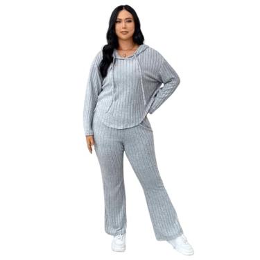 Imagem de MakeMeChic Conjunto de moletom feminino plus size de 2 peças, moletom com capuz e calça de malha canelada com cordão, Cinza claro, XX-Large Plus