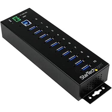 Imagem de StarTech. Hub USB 3.0 com 10 portas – 5 Gbps – Hub USB-A industrial de metal com proteção contra sobretensão e ESD – Trilho DIN para parede ou mesa – Hub expansor USB compatível com TAA (ST1030USBM)