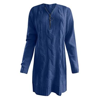 Imagem de Suéter BOD-ycon Vestido feminino sólido manga longa meio zíper gola V malha vestido de lã evasê vestidos para mulheres, Azul, GG
