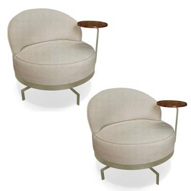 Imagem de Kit 2 Poltronas Decorativa Andromeda Linho Bouclê Bege Base Giratória de Ferro - Pallazio