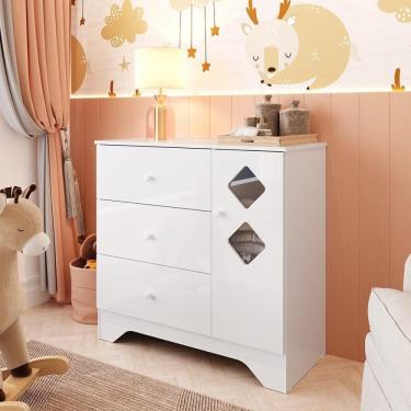 Imagem de Cômoda Infantil 1 Porta Janelas Losango 3 Gavetas 100% MDF Cocada Yescasa Branco Brilho