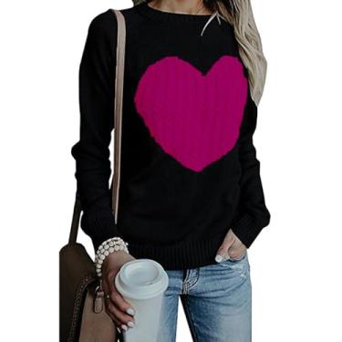 Imagem de Suéter feminino tricotado com design de coração pulôver de manga comprida suéter de malha suéter macio e elástico