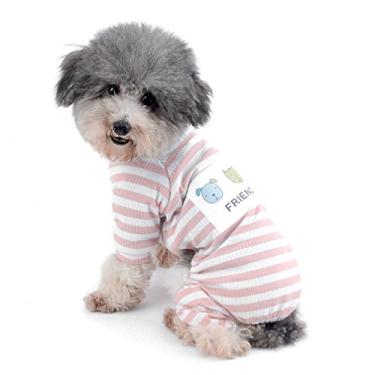 Imagem de Ranphy Pijama listrado para cães pequenos pijamas de algodão para cachorrinho camisa roupas gato vestuário yorkie chihuahua macacão menina roupas para animais de estimação rosa tamanho P