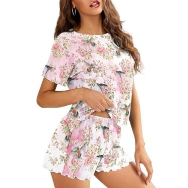 Imagem de ZWPINITUP Conjuntos de roupas de 2 peças conjunto curto feminino de duas peças roupa de verão agasalho de manga curta para o verão, Beija-flor floral rosa, 3X-Large