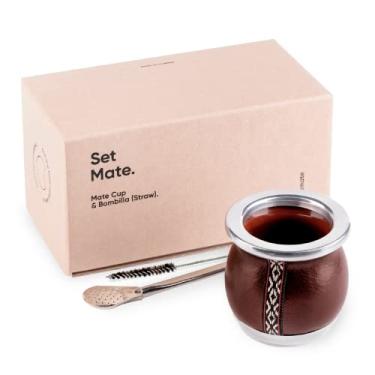 Imagem de thebmate Tiny Mate Premium Set Yerba Mate Cup - Cerâmica Marrom, 7 Onças, Cilíndrico, Reutilizável, Bombilla de Prata Germânica, Escova, Bebidas Quentes, Xícara