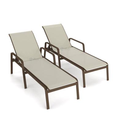 Imagem de Kit 2 Espreguiçadeira Piscina Alumínio Marrom Tela Bege