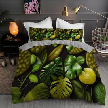 Imagem de Jogo de cama de 3 peças de capa de edredom com estampa de folhas de tartaruga, 172,7 x 228,6 cm, e 2 fronhas, com fecho de zíper e laços