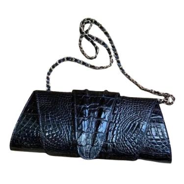 Imagem de Bolsa feminina de couro de crocodilo autêntica exótica dobrável bolsa feminina de couro de jacaré genuíno bolsa de ombro cruzada, Preto, 29cm(Length) x 14cm(Height) x 4cm(Deep)