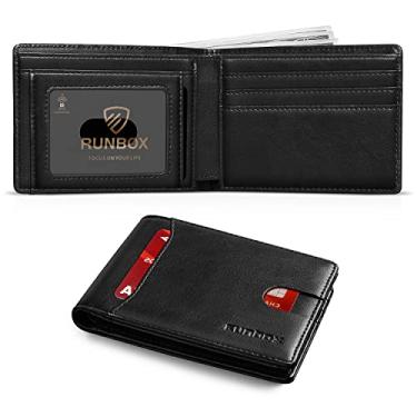 Imagem de RUNBOX Carteira masculina fina com 11 compartimentos para cartão de crédito, couro com bloqueio de RFID, pequena, fina, dobrável, bolso frontal, caixa de presente de grande capacidade, 1 óleo preto