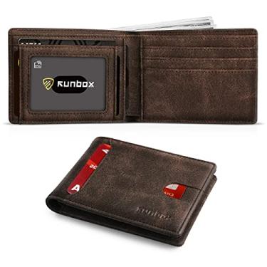 Imagem de RUNBOX Carteira masculina fina com 11 compartimentos para cartão de crédito, couro com bloqueio de RFID, pequena, fina, dobrável, bolso frontal, caixa de presente de grande capacidade, Marrom