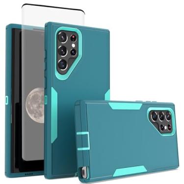Imagem de Sidande Capa para Galaxy S22 Ultra, Samsung S22 Ultra 5G SM-S908U com protetor de tela de vidro temperado, suporte magnético de camada dupla resistente para carro para Samsung Galaxy S22 Ultra Teal
