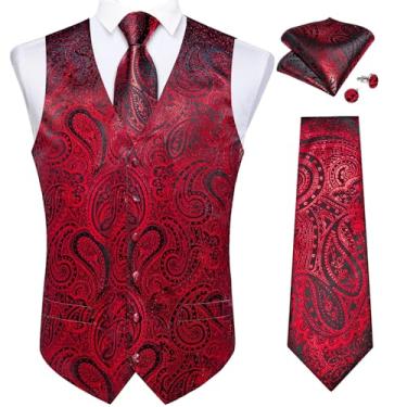 Imagem de BoShiNuo Colete de bronzeamento masculino para negócios preto Paisley colete masculino gravata bolso abotoaduras quadradas vermelho casamento, Mj-0604, G