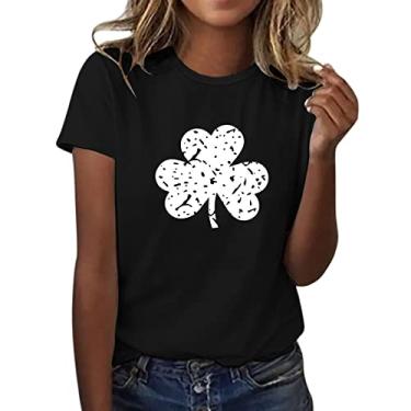 Imagem de Camisetas femininas do Dia de São Patrício com estampa da bandeira irlandesa, túnica verde, camiseta de verão de manga curta, Preto, G