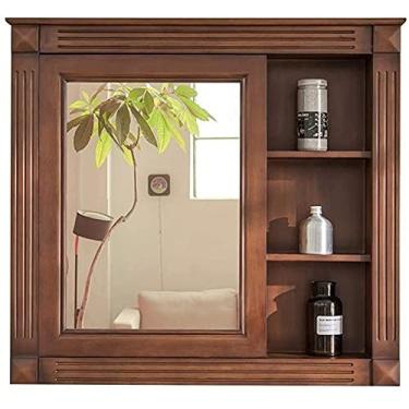 Imagem de Armário de espelho de banheiro montado na parede de madeira maciça prata espelho de porta única (cor: madeira (direita), tamanho: 70 * 15 * 70) (madeira (direita) 70 * 15 * 70)