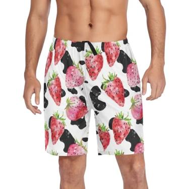 Imagem de CHIFIGNO Calça de pijama masculina, short de pijama curto com bolsos e cordão, Estampa de vaca morangos rosa aquarela, G