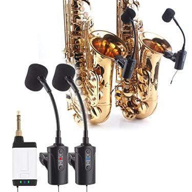 Imagem de MAMKOES Microfone duplo para saxofone Q2/ST-5, instrumento de microfone de saxofone sem fio, condensador UHF, receptor de microfone com clipe e 2 sistemas de transmissores para saxofone, trompete,