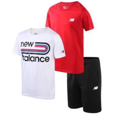 Imagem de New Balance Conjunto de shorts ativos para meninos - Camiseta de manga curta de 3 peças e shorts de desempenho - Roupa de verão para meninos (4-12), Branco brilhante, 5-6