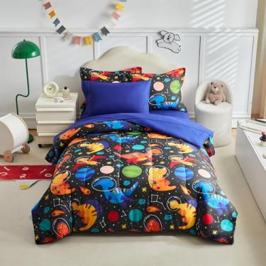 Imagem de Jogo de cama infantil queen size dinossauro preto e espaço – Conjunto de cama macio para meninos e meninas (1 edredom, 2 fronhas, 1 lençol de cima, 1 lençol com elástico, 2 fronhas)