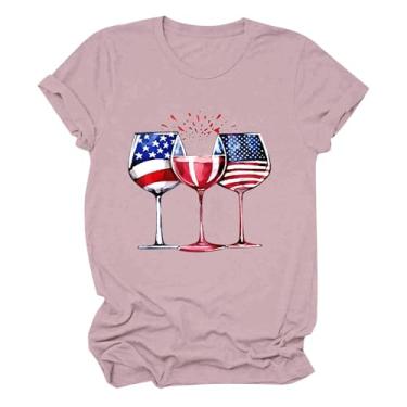 Imagem de Camisetas femininas PKDong de 4 de julho com gola redonda, manga curta, dia independente, estampada, taças de vinho, camisetas de verão 2024, Rosa choque, G