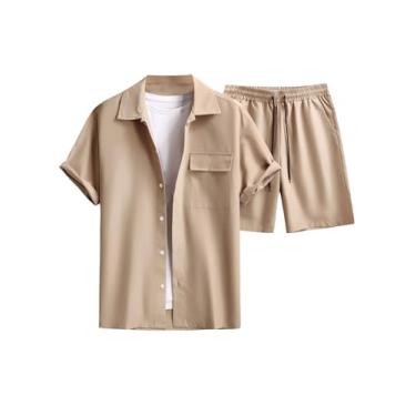 Imagem de Verdusa Conjunto masculino de 2 peças, camisa de manga curta e shorts com cordão, Caqui, P