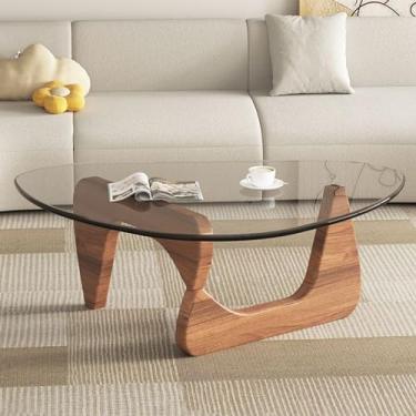 Imagem de PRITIY - Mesa de centro triangular de vidro com base de madeira - Mesa de canto moderna para sala de estar, escritório e varanda - Tamanho grande: 91 cm C x 64 cm L x 40 cm A - Transparente