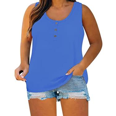 Imagem de Camiseta regata feminina plus size de verão cor sólida sem mangas casual com botões fofos roupas regatas, A6 - Azul, XXG Plus Size