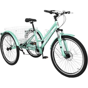 Imagem de Triciclo de montanha adulto, bicicleta cruiser de três rodas de 7 velocidades, triciclos adultos de 24/26/27,5 polegadas com carrinho de compras, triciclos femininos para exercícios, pneu de