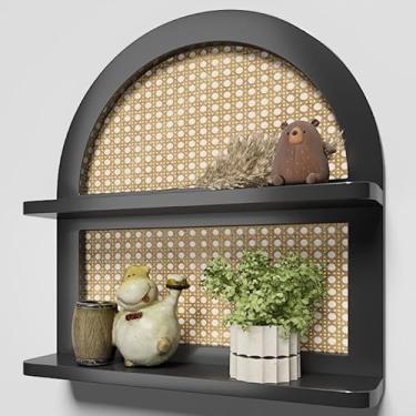 Imagem de Prateleira de parede de vime Boho de madeira – Prateleira flutuante de vime arqueado de 2 camadas de madeira preta, nova prateleira boho, prateleiras rústicas para decoração de berçário de fazenda